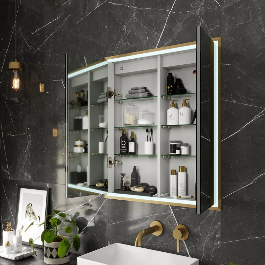 Product Lifestyle image of the HIB Vanquish 800mm LED Recessed Mirror Cabinet with its mirror doors open